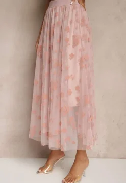Różowa Rozkloszowana Spódnica Tiulowa Zdobiona Welurowym Printem w Kwiaty Folisena