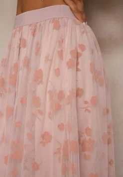 Różowa Rozkloszowana Spódnica Tiulowa Zdobiona Welurowym Printem w Kwiaty Folisena