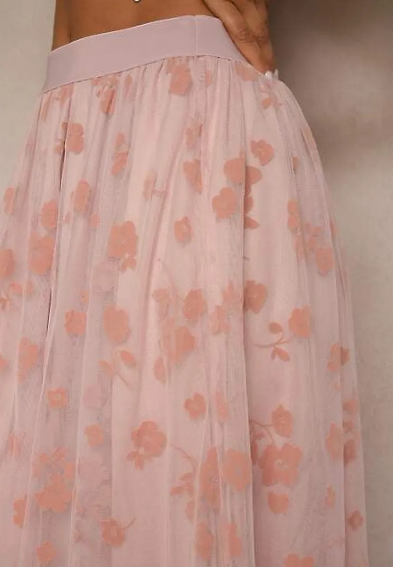 Różowa Rozkloszowana Spódnica Tiulowa Zdobiona Welurowym Printem w Kwiaty Folisena