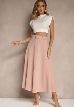 Różowa Rozkloszowana Spódnica Maxi z Paskiem i Klamrą Adlirca