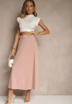 Różowa Rozkloszowana Spódnica Maxi z Paskiem i Klamrą Adlirca