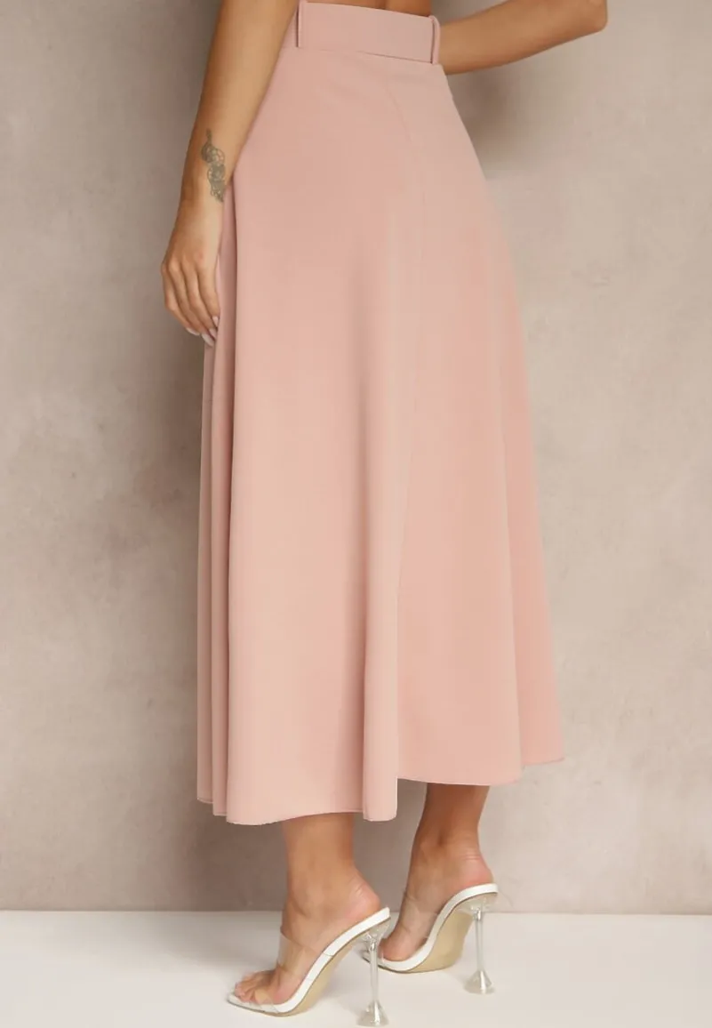 Różowa Rozkloszowana Spódnica Maxi z Paskiem i Klamrą Adlirca