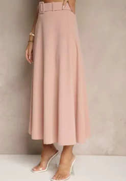 Różowa Rozkloszowana Spódnica Maxi z Paskiem i Klamrą Adlirca