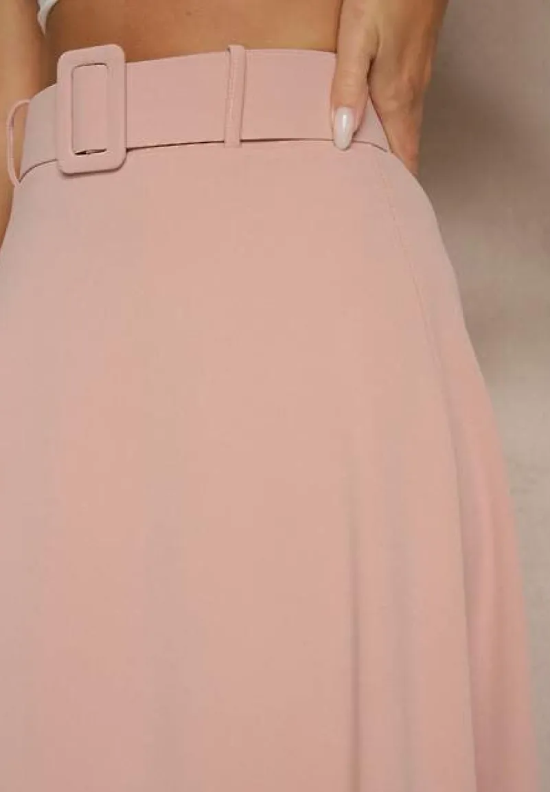 Różowa Rozkloszowana Spódnica Maxi z Paskiem i Klamrą Adlirca
