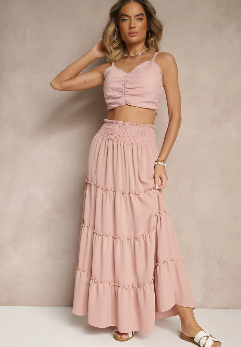 Różowa Rozkloszowana Spódnica z Gumką w Talii Zdobiona Falbanami Dovinelle