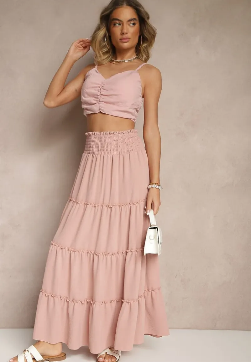 Różowa Rozkloszowana Spódnica z Gumką w Talii Zdobiona Falbanami Dovinelle