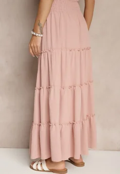 Różowa Rozkloszowana Spódnica z Gumką w Talii Zdobiona Falbanami Dovinelle