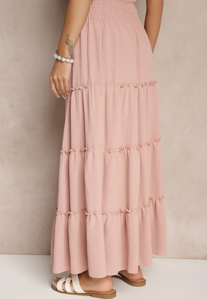 Różowa Rozkloszowana Spódnica z Gumką w Talii Zdobiona Falbanami Dovinelle