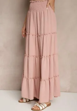 Różowa Rozkloszowana Spódnica z Gumką w Talii Zdobiona Falbanami Dovinelle