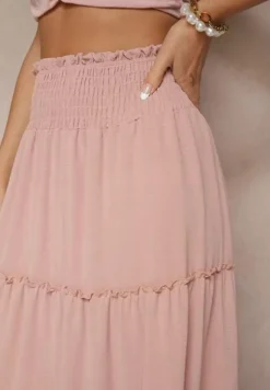 Różowa Rozkloszowana Spódnica z Gumką w Talii Zdobiona Falbanami Dovinelle