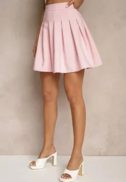 Różowa Rozkloszowana Spódnica Mini z Zakładkami Plainnet