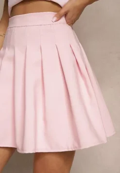 Różowa Rozkloszowana Spódnica Mini z Zakładkami Plainnet