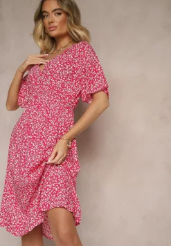 Różowa Rozkloszowana Sukienka Bawełniana w Kwiatowy Print Ezrive