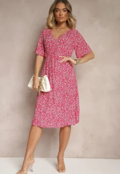 Różowa Rozkloszowana Sukienka Bawełniana w Kwiatowy Print Ezrive