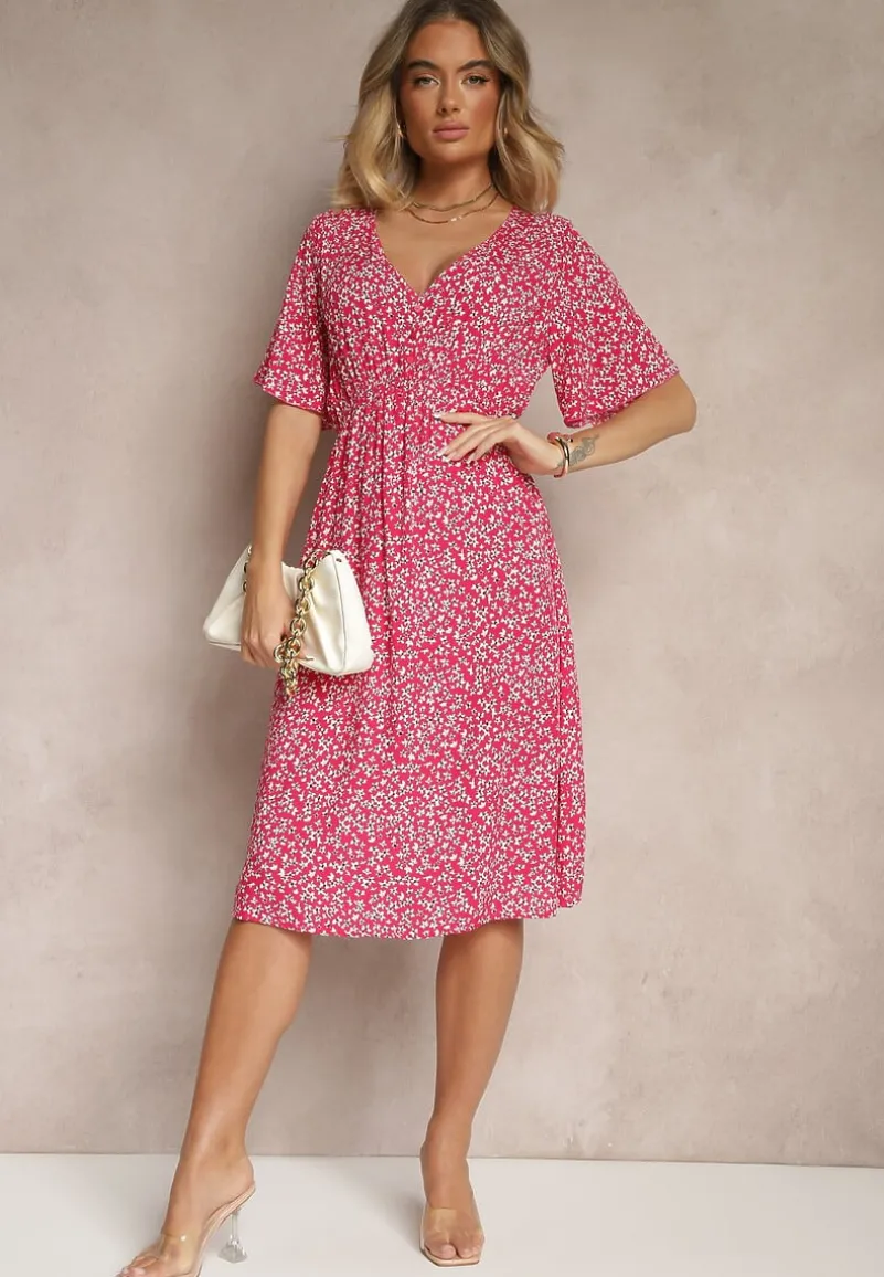 Różowa Rozkloszowana Sukienka Bawełniana w Kwiatowy Print Ezrive