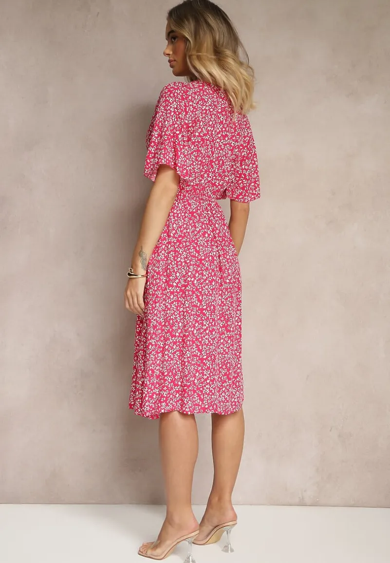 Różowa Rozkloszowana Sukienka Bawełniana w Kwiatowy Print Ezrive