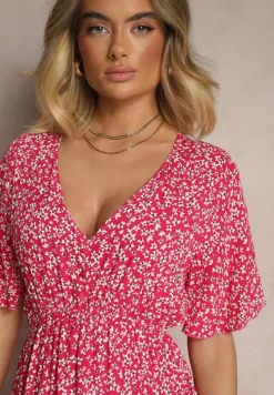 Różowa Rozkloszowana Sukienka Bawełniana w Kwiatowy Print Ezrive