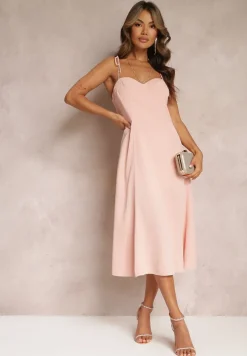 Różowa Rozkloszowana Sukienka Midi z Rozcięciem na Ramiączkach Josine