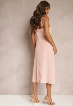 Różowa Rozkloszowana Sukienka Midi z Rozcięciem na Ramiączkach Josine