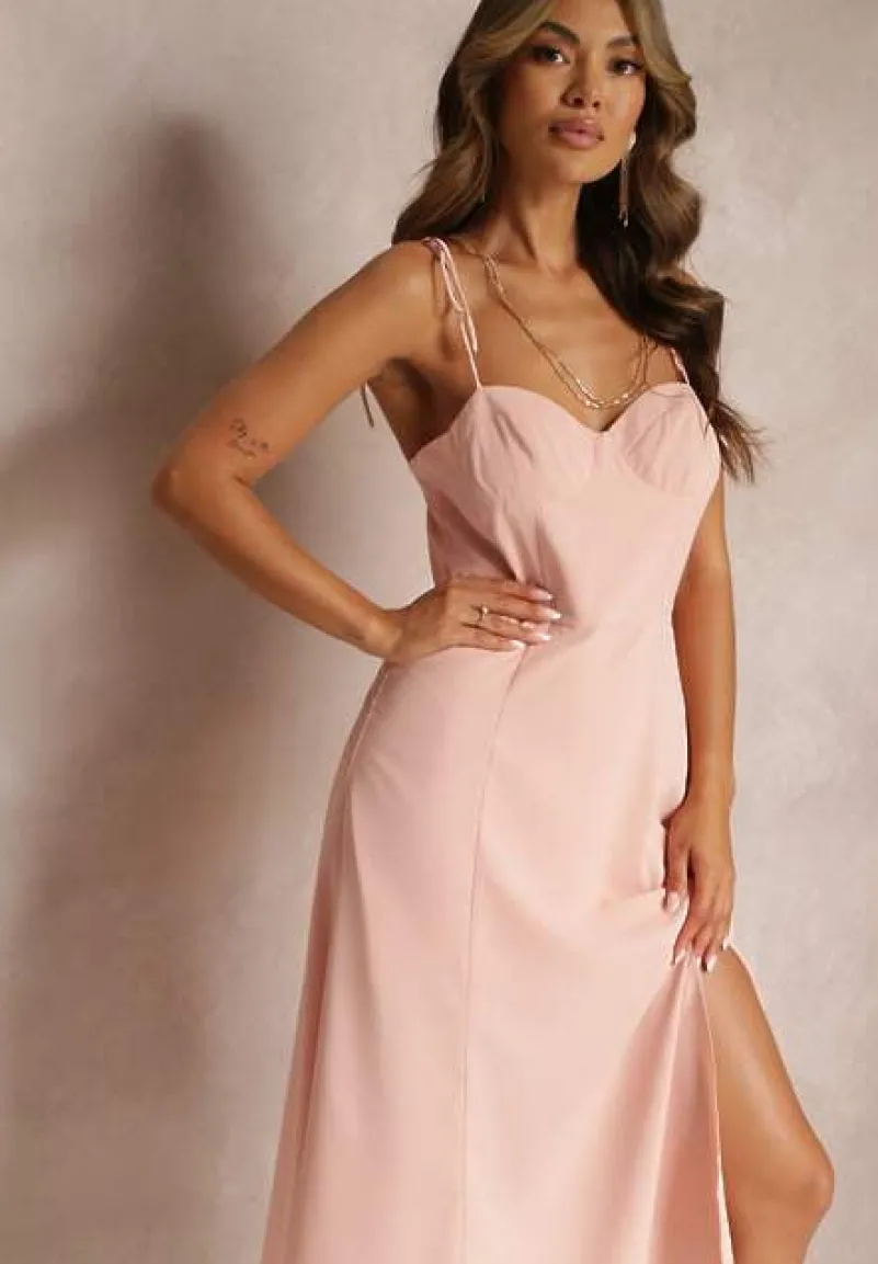 Różowa Rozkloszowana Sukienka Midi z Rozcięciem na Ramiączkach Josine