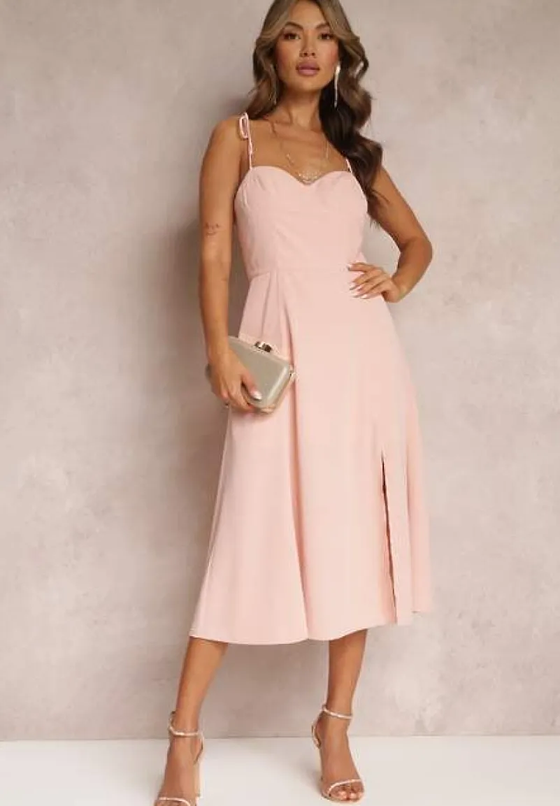 Różowa Rozkloszowana Sukienka Midi z Rozcięciem na Ramiączkach Josine