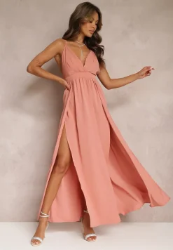 Różowa Rozkloszowana Sukienka Maxi na Ramiączkach z Trójkątnym Dekoltem Claudi