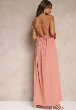 Różowa Rozkloszowana Sukienka Maxi na Ramiączkach z Trójkątnym Dekoltem Claudi