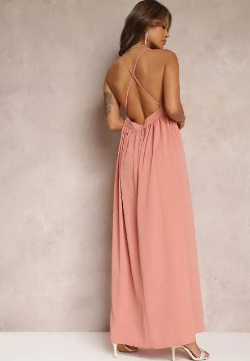 Różowa Rozkloszowana Sukienka Maxi na Ramiączkach z Trójkątnym Dekoltem Claudi