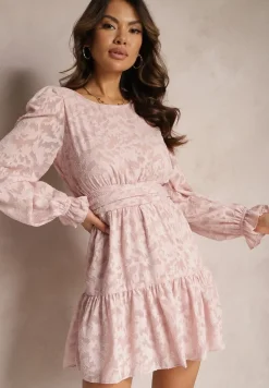 Różowa Rozkloszowana Sukienka Mini z Tkaniny Plumeti Marsane