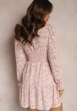 Różowa Rozkloszowana Sukienka Mini z Tkaniny Plumeti Marsane