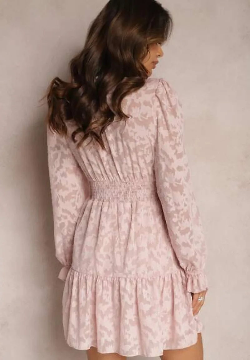 Różowa Rozkloszowana Sukienka Mini z Tkaniny Plumeti Marsane