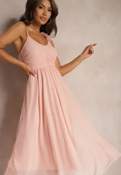 Różowa Rozkloszowana Sukienka na Ramiączkach z Gumką w Pasie z Falbankami Zafara