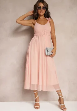 Różowa Rozkloszowana Sukienka na Ramiączkach z Gumką w Pasie z Falbankami Zafara