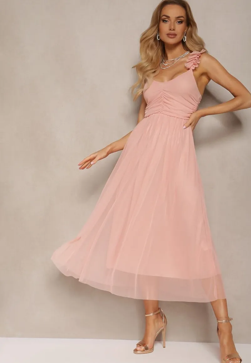 Różowa Rozkloszowana Sukienka na Ramiączkach z Gumką w Pasie z Falbankami Zafara