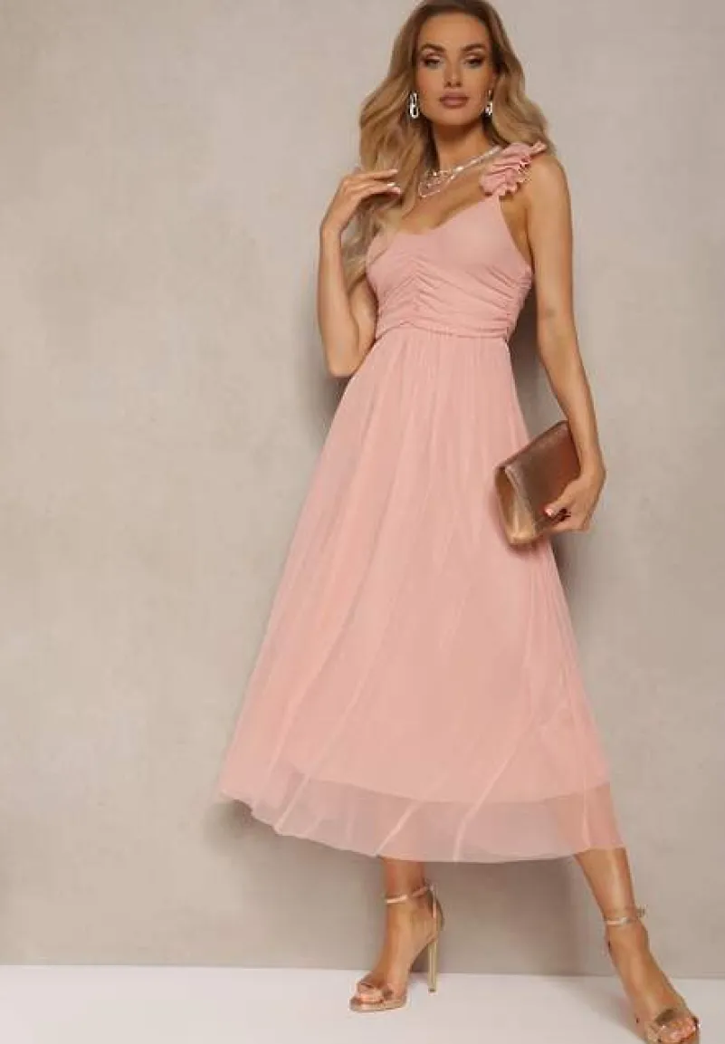 Różowa Rozkloszowana Sukienka na Ramiączkach z Gumką w Pasie z Falbankami Zafara