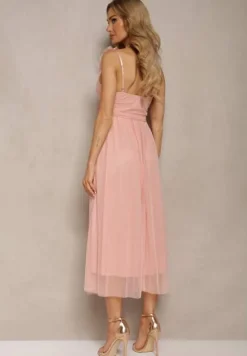 Różowa Rozkloszowana Sukienka na Ramiączkach z Gumką w Pasie z Falbankami Zafara