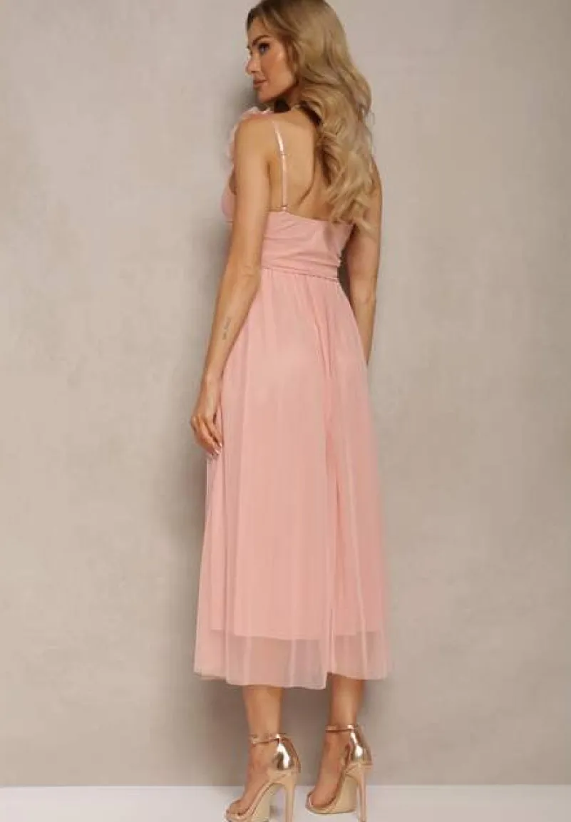 Różowa Rozkloszowana Sukienka na Ramiączkach z Gumką w Pasie z Falbankami Zafara