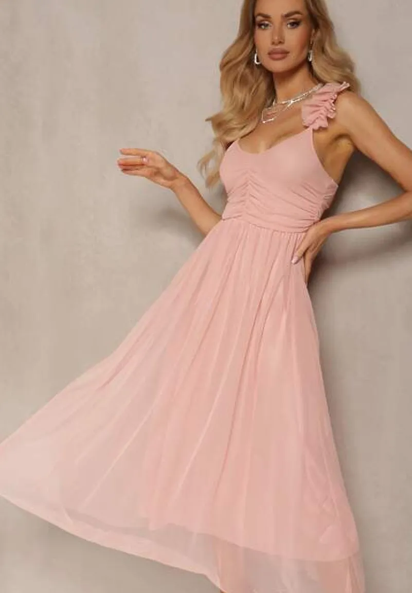 Różowa Rozkloszowana Sukienka na Ramiączkach z Gumką w Pasie z Falbankami Zafara