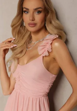 Różowa Rozkloszowana Sukienka na Ramiączkach z Gumką w Pasie z Falbankami Zafara