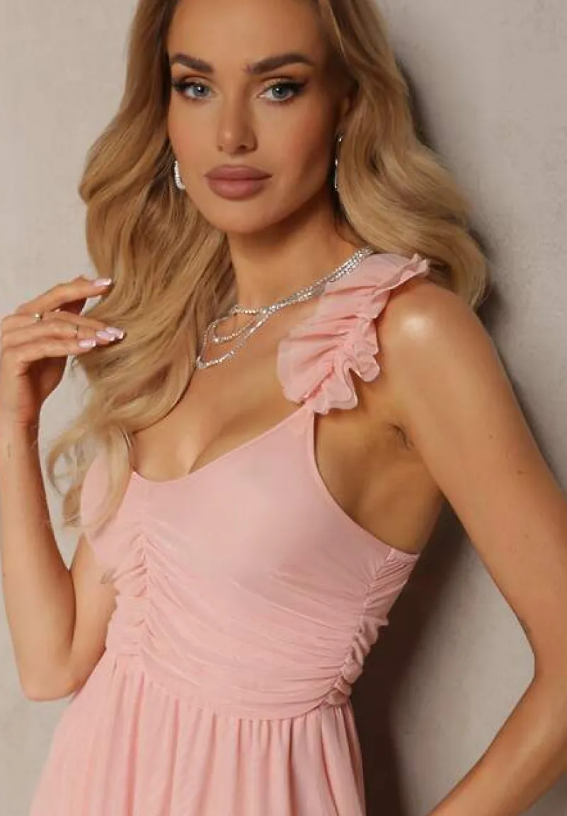 Różowa Rozkloszowana Sukienka na Ramiączkach z Gumką w Pasie z Falbankami Zafara