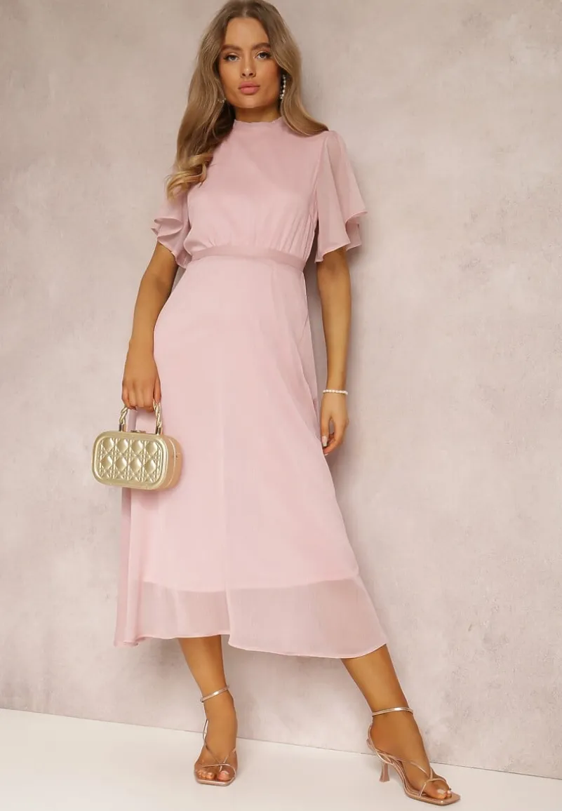 Różowa Rozkloszowana Sukienka z Odkrytymi Plecami i Wiązaniem Syrissis