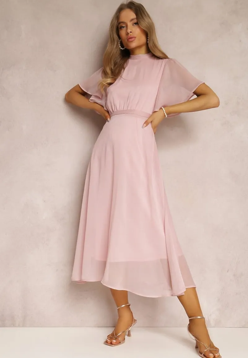 Różowa Rozkloszowana Sukienka z Odkrytymi Plecami i Wiązaniem Syrissis