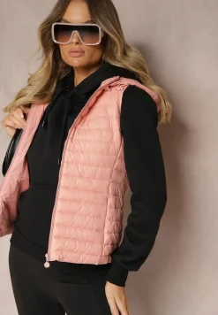 Różowa Rozpinana Kamizelka Pikowana z Odpinanym Kapturem i Kieszeniami Arkathia