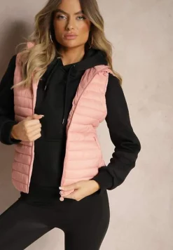 Różowa Rozpinana Kamizelka Pikowana z Odpinanym Kapturem i Kieszeniami Arkathia