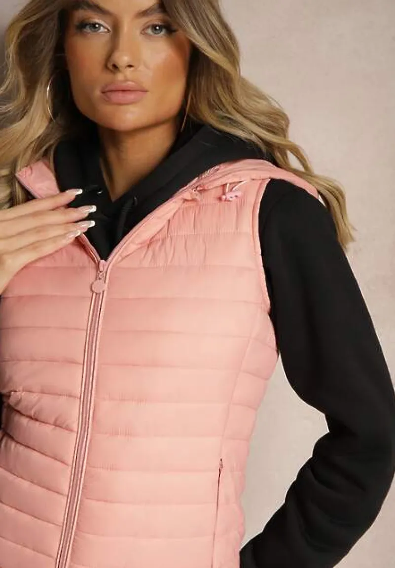Różowa Rozpinana Kamizelka Pikowana z Odpinanym Kapturem i Kieszeniami Arkathia