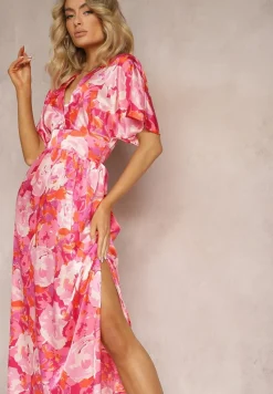 Różowa Satynowa Sukienka z Kopertową Górą Luźnymi Rękawami i Rozkloszowanym Krojem Karlemia