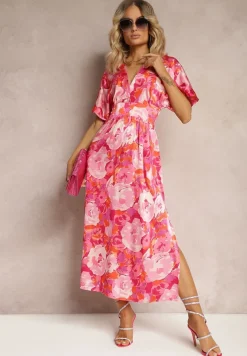 Różowa Satynowa Sukienka z Kopertową Górą Luźnymi Rękawami i Rozkloszowanym Krojem Karlemia