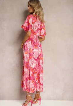 Różowa Satynowa Sukienka z Kopertową Górą Luźnymi Rękawami i Rozkloszowanym Krojem Karlemia