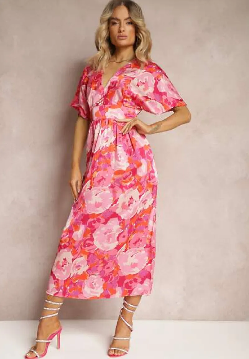 Różowa Satynowa Sukienka z Kopertową Górą Luźnymi Rękawami i Rozkloszowanym Krojem Karlemia