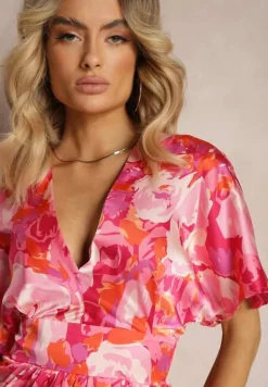 Różowa Satynowa Sukienka z Kopertową Górą Luźnymi Rękawami i Rozkloszowanym Krojem Karlemia